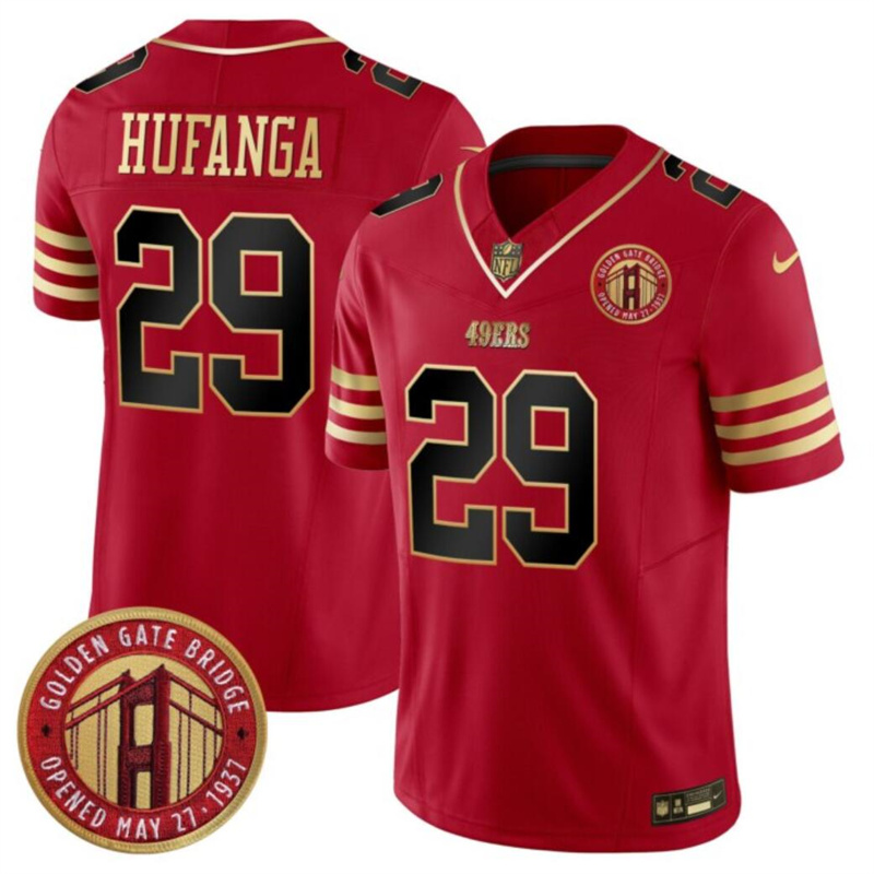 Men's San Francisco 49ers #29 Talanoa Hufanga Red F.U.S.E. Golden Gate Bridge Patch Balck Scarlet Vapor Limited Stitched Football Jersey Men's San Francisco 49ers #29 Talanoa Hufanga Red F.U.S.E. Golden Gate Bridge Patch Balck Scarlet Vapor Limited Stitched Football Jersey